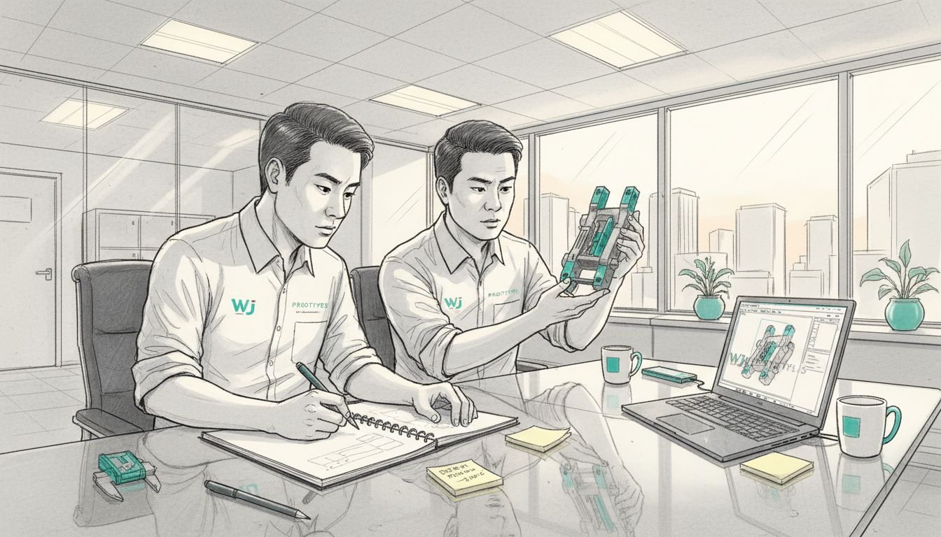 Technician examines metal prototype in shop