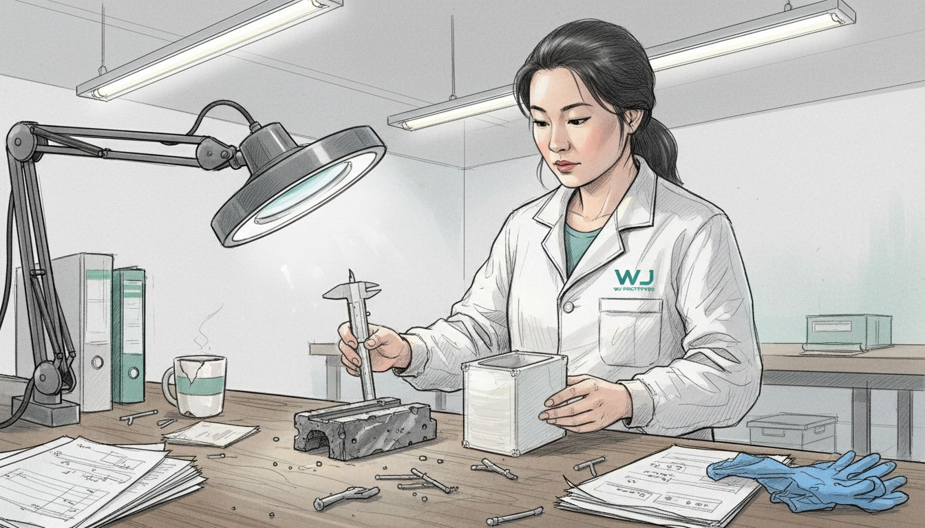 Technician inspects machined and printed parts