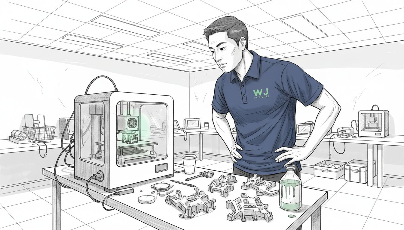 Technician observing SLA printer with models