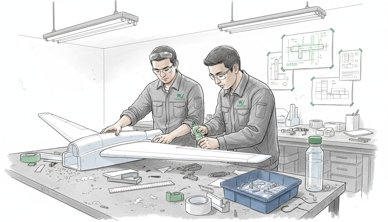Engineers assembling foam prototype at workbench