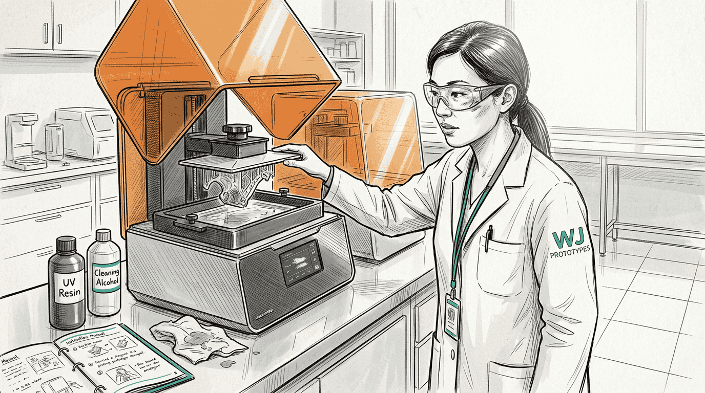 Technician using SLA resin prototyping machine