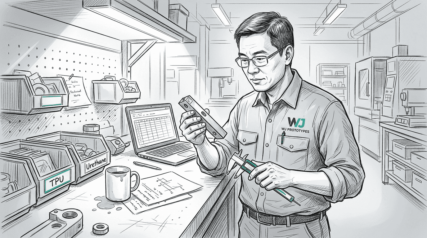 Prototype parts and tools laid out on workbench