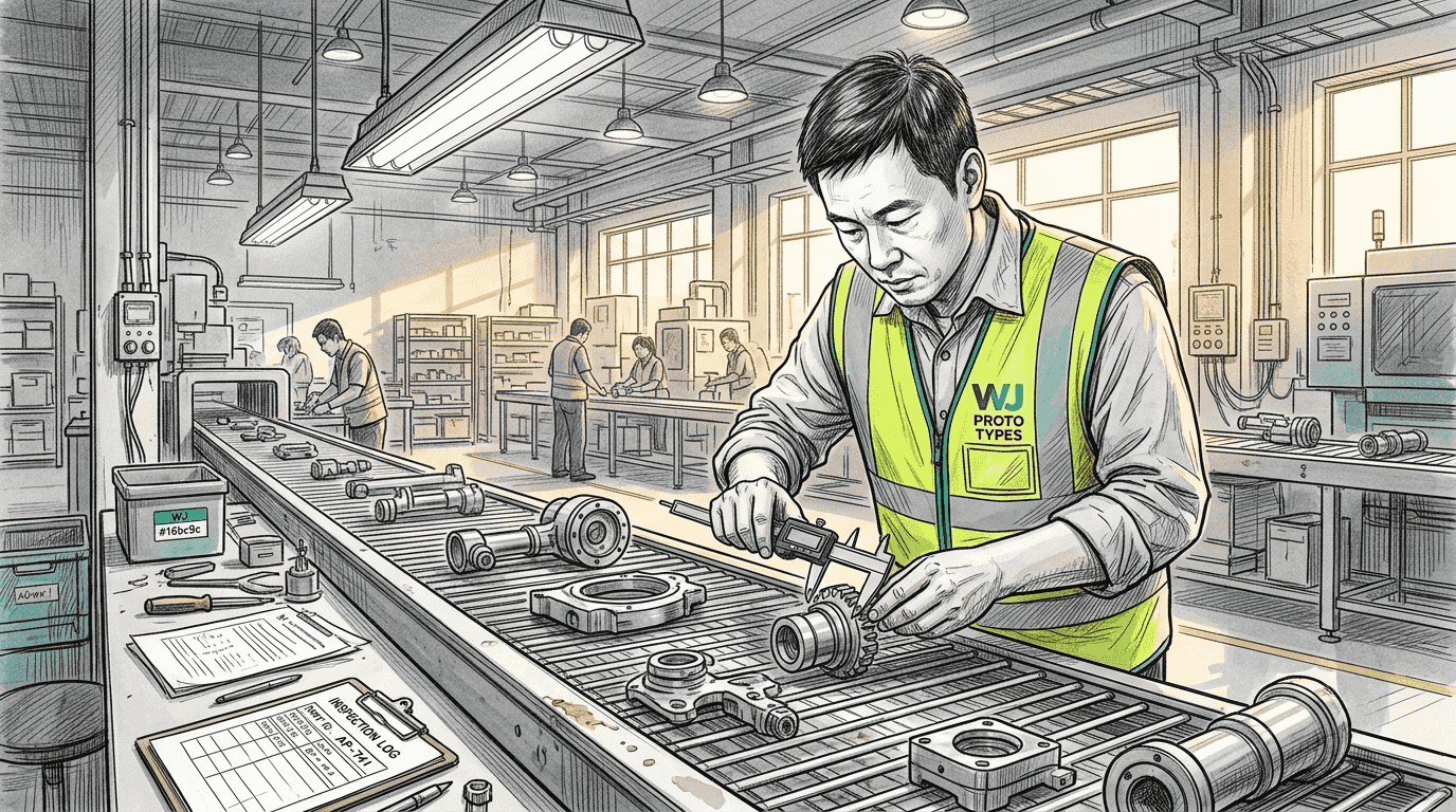 Technician inspecting parts on production line