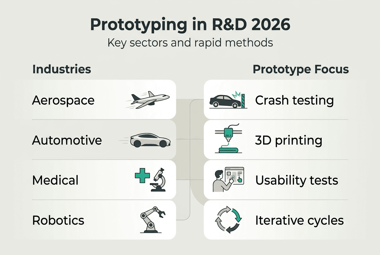 Infographic summarizing R&D prototyping sectors and methods