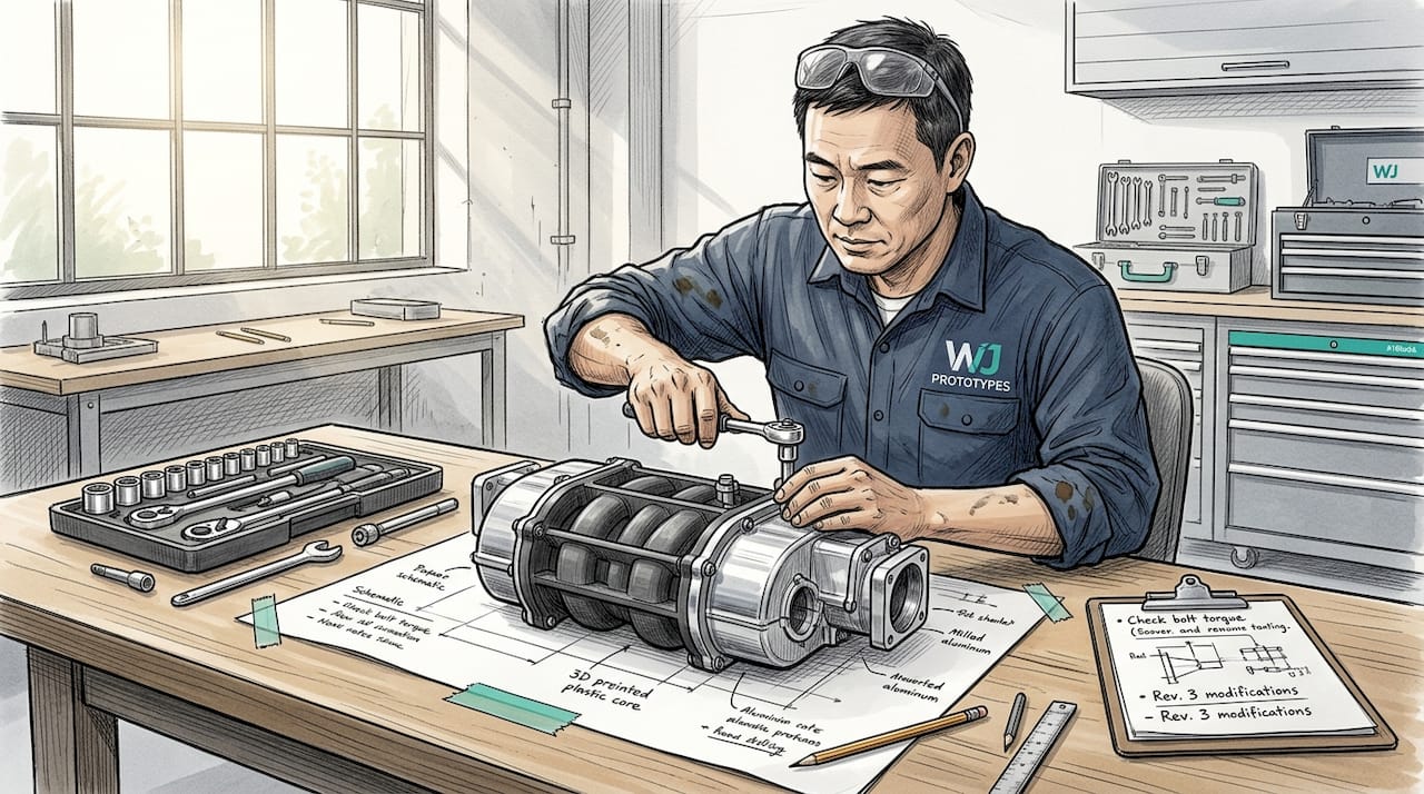Technician assembling automotive prototype on workshop table