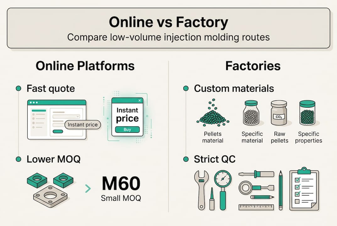 Infographic comparing online platforms and factories
