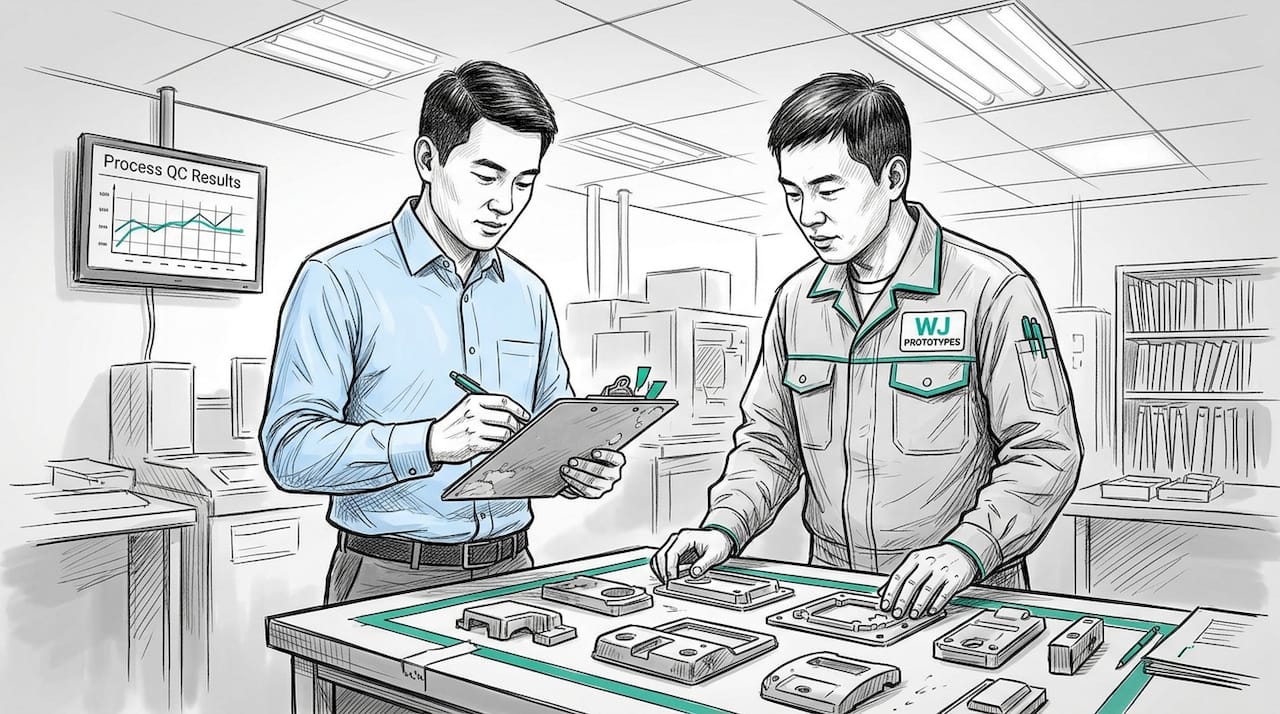 Quality manager and technician check molded components