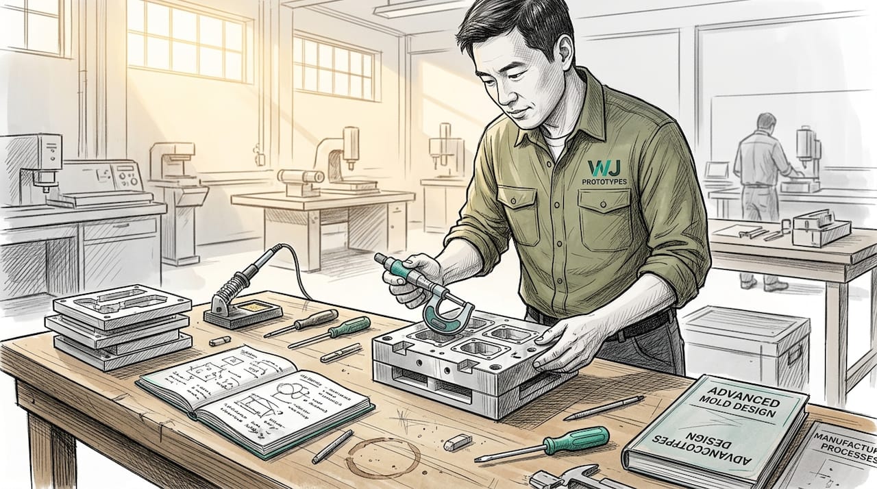 Engineer testing aluminum mold at workbench