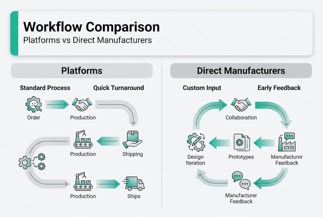 Infographic comparing platform and direct manufacturer workflows