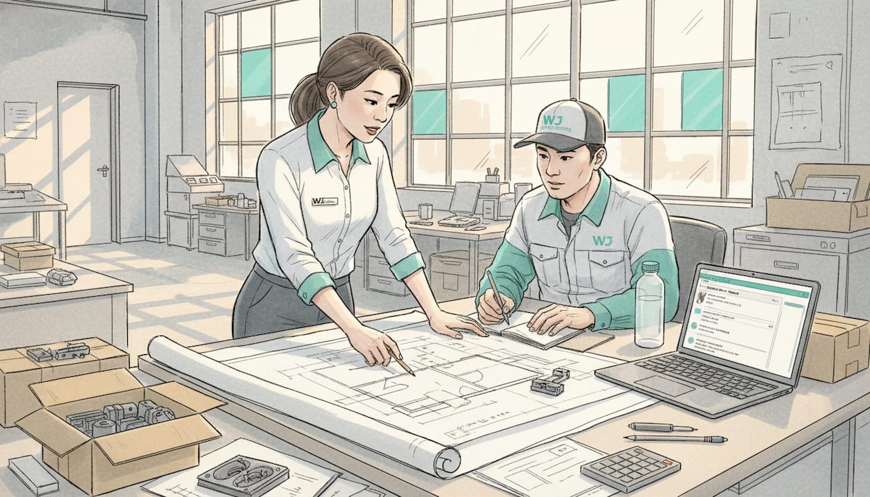 Engineer and manufacturer reviewing blueprint together