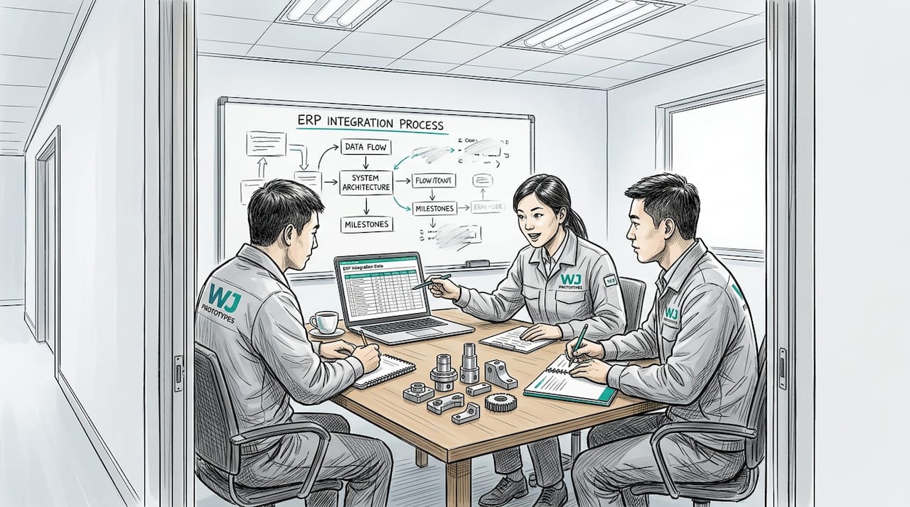 Team discussing ERP integration during manufacturing meeting