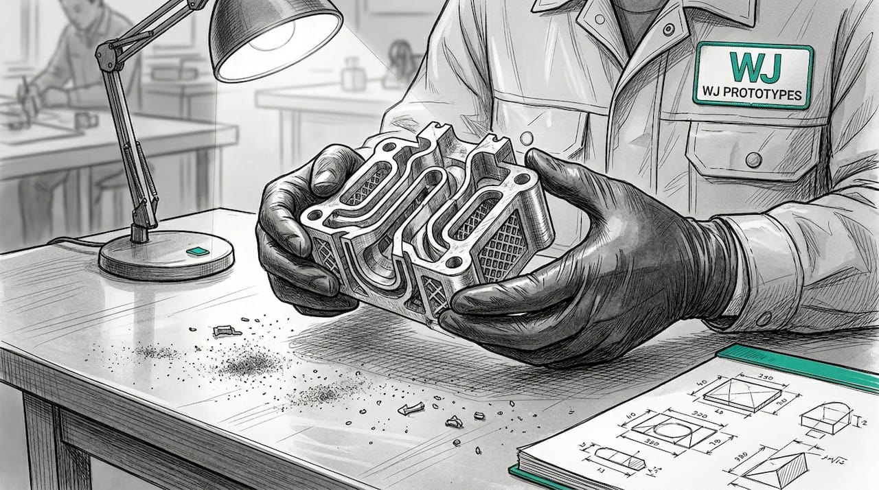 Hands holding complex 3D printed metal part