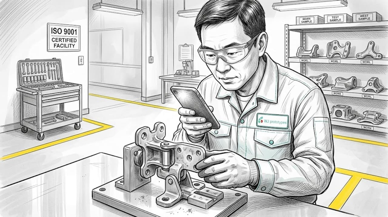 Technician inspecting prototype hinge in garage