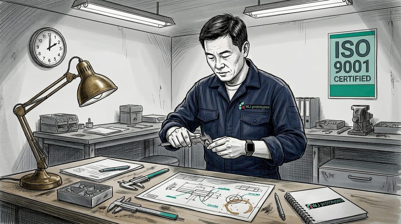 Engineer at workshop bench measuring metal component