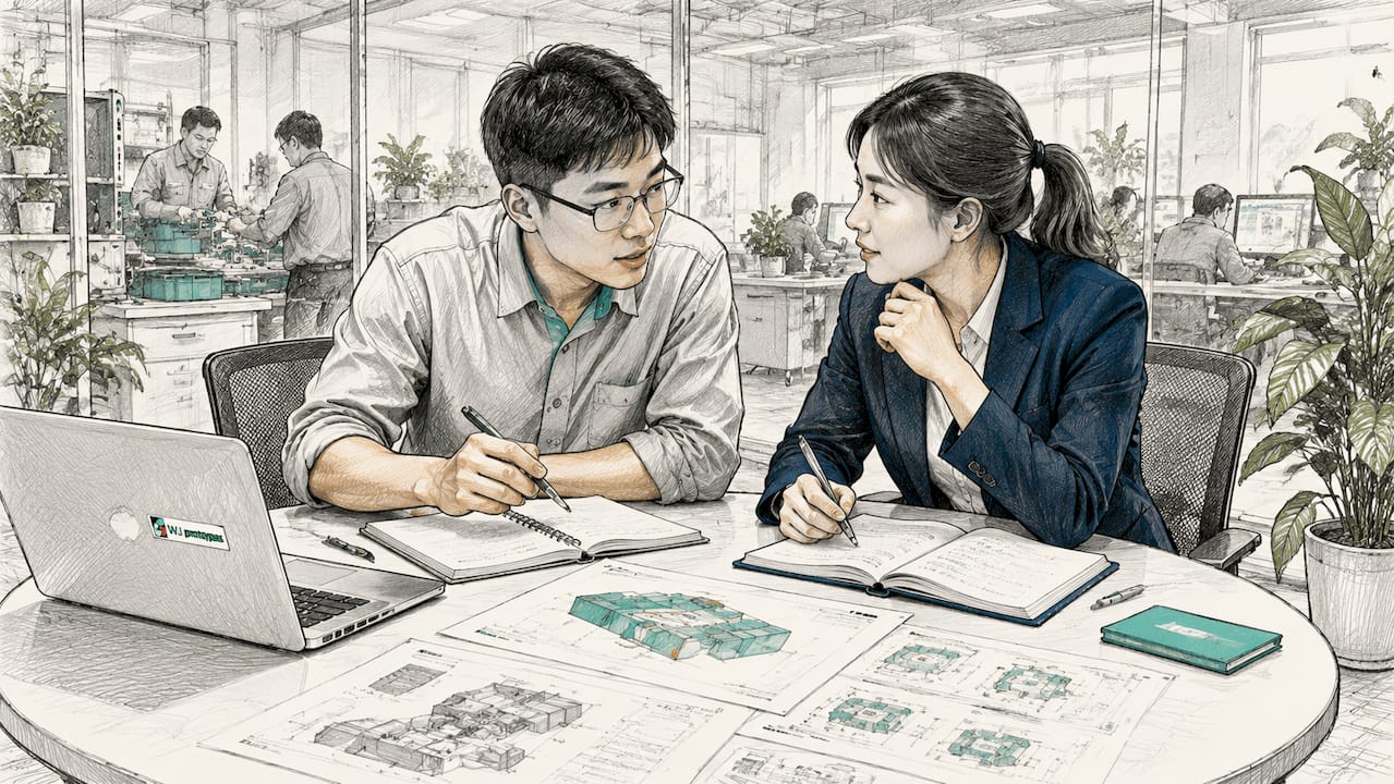 Manufacturing engineers discussing production plans