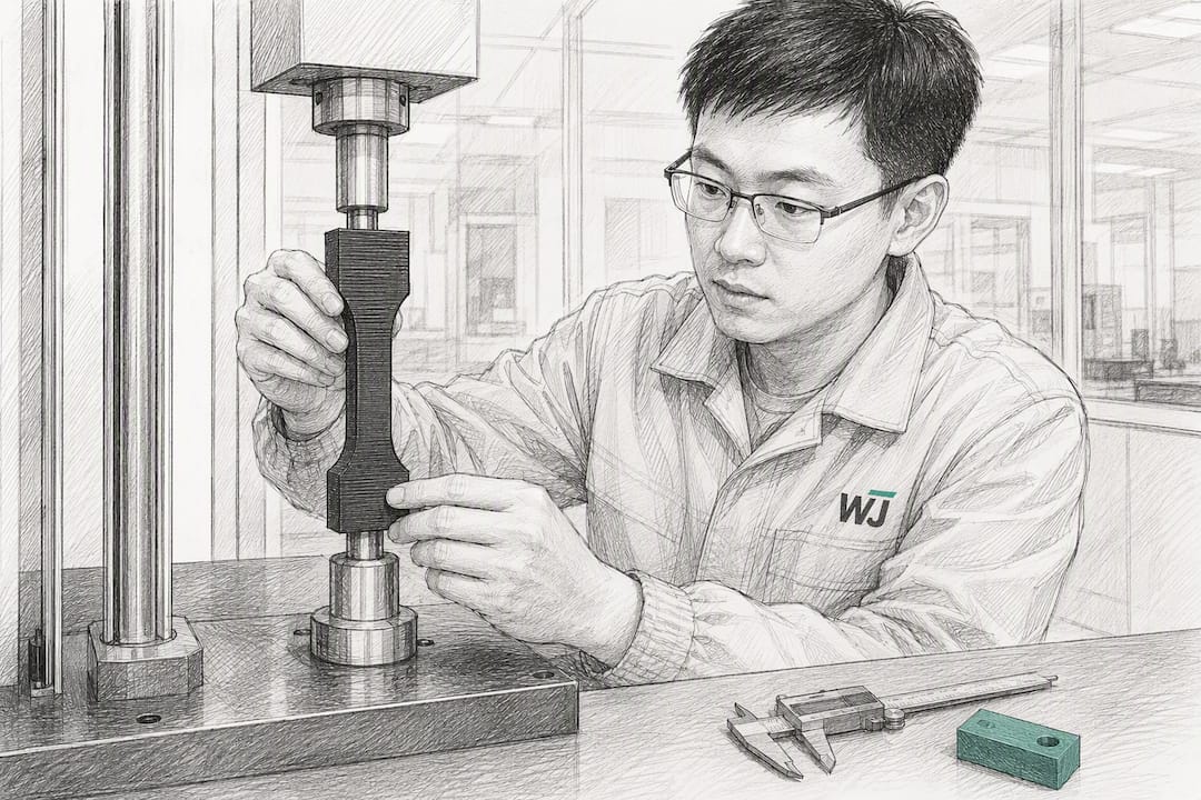 Engineer aligning an FDM test coupon