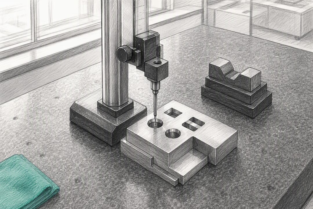 Height gauge checking an anonymous machined feature