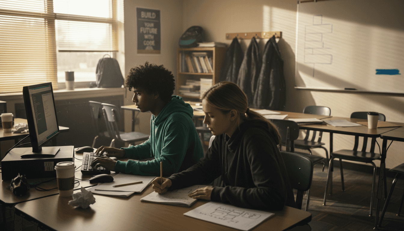 Students working together on coding project