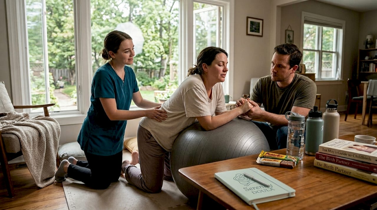 Doula supporting woman during home birth