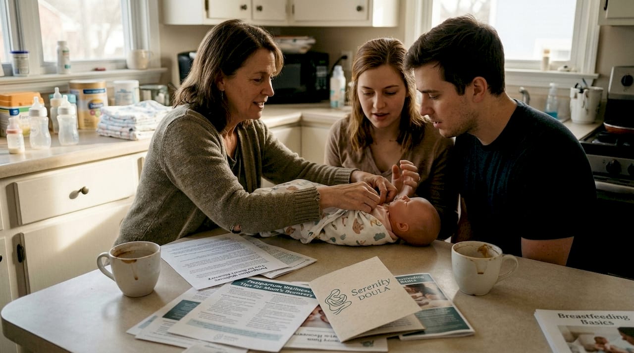 Educator demonstrates newborn care to parents