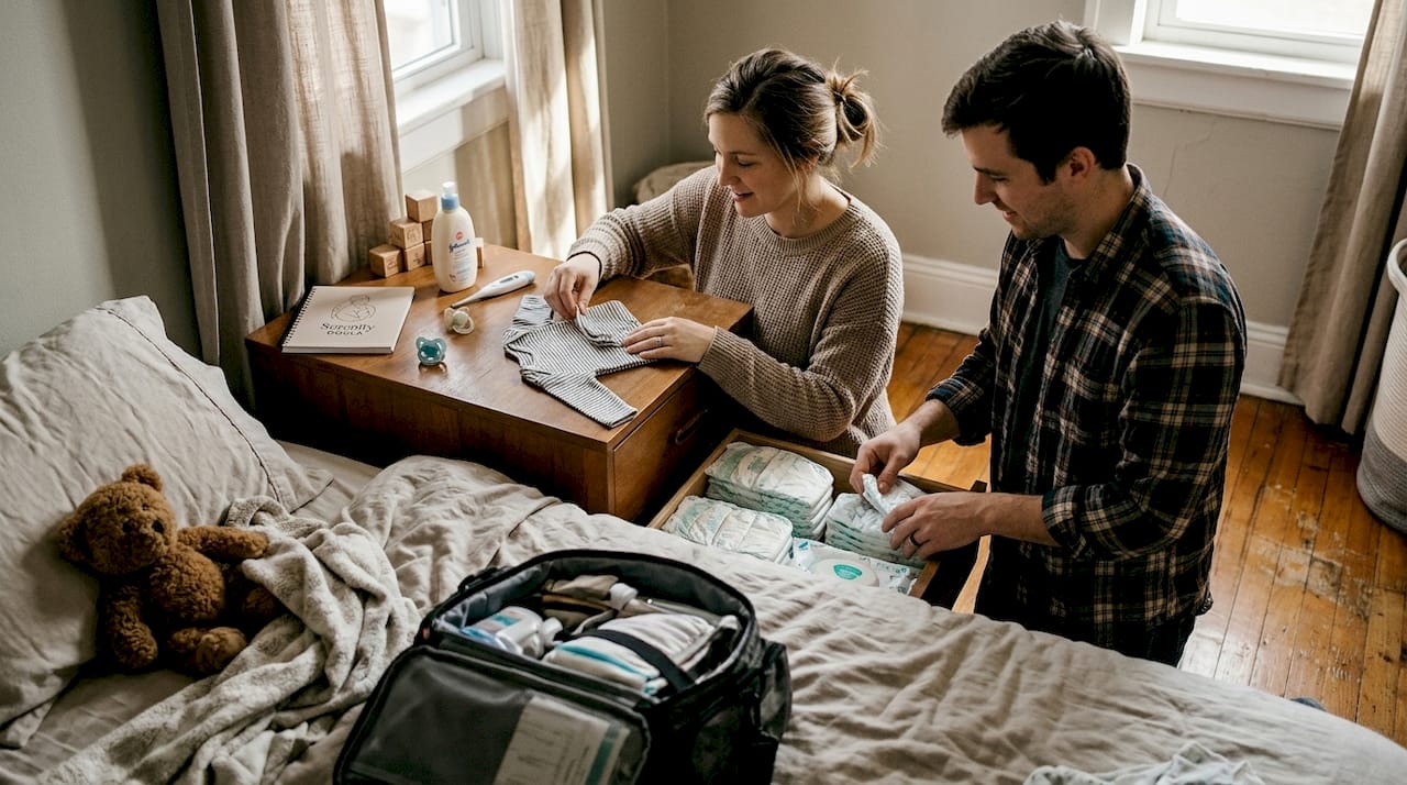 Parents arranging baby items in bedroom