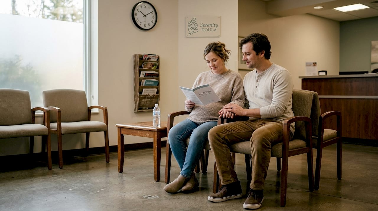 Mother and partner wait before clinic exam