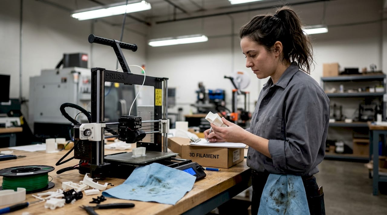 Technician inspects warped 3D printed part