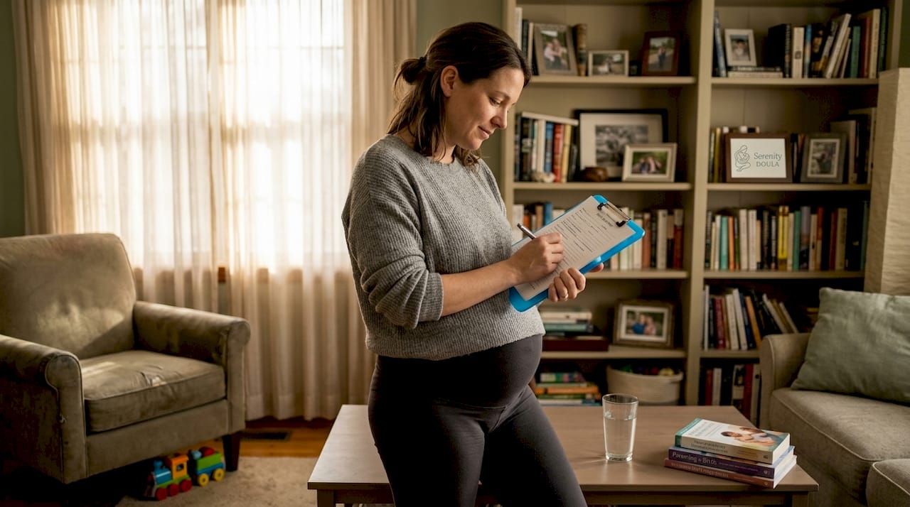 Expectant mother writing birth plan at home