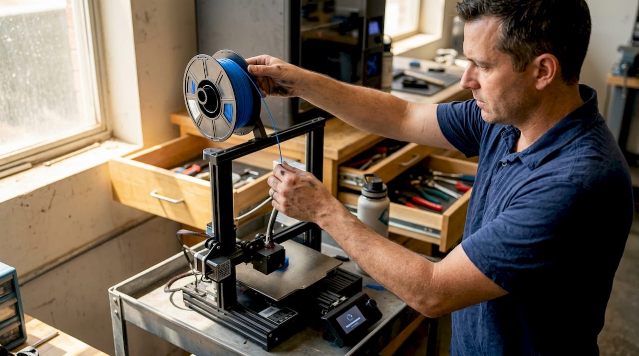 Technician loading filament into FDM 3D printer