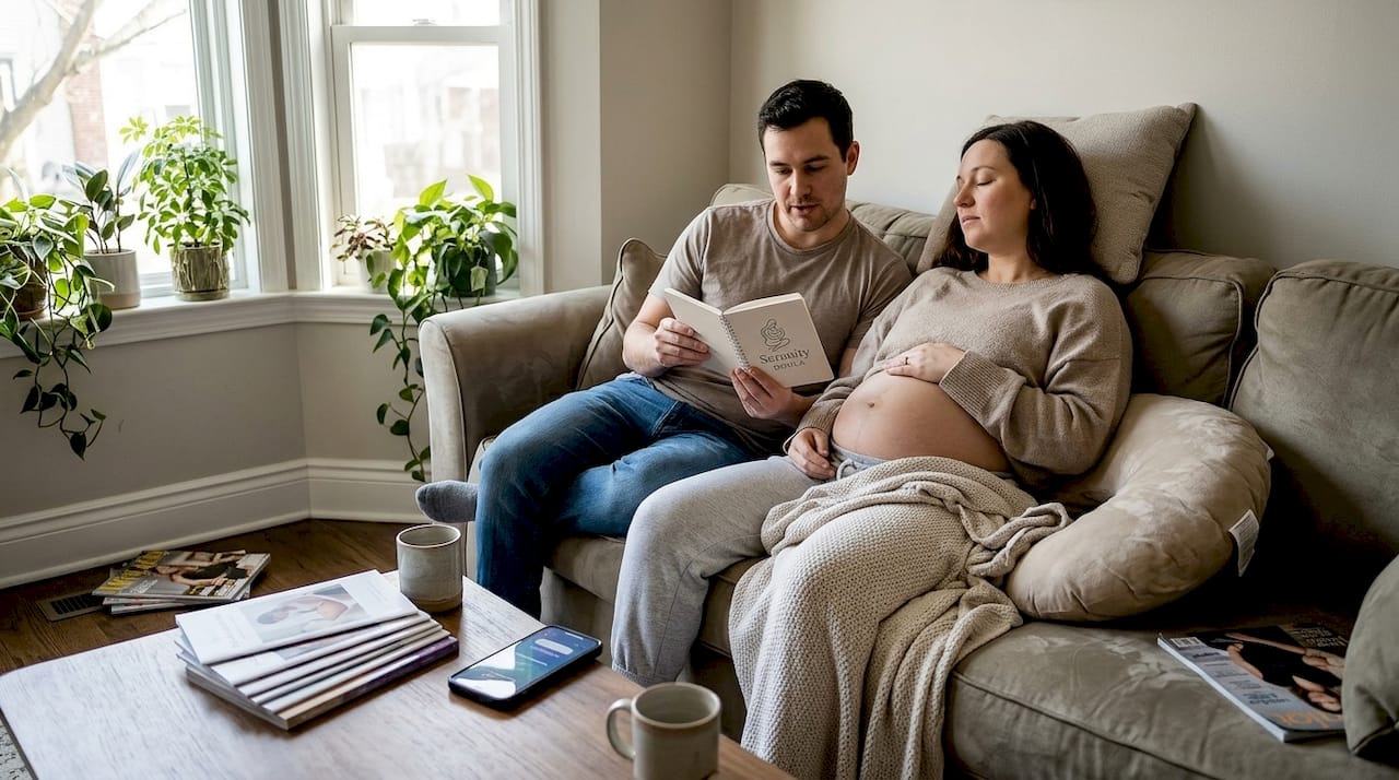 Partner reads comfort affirmation during labor