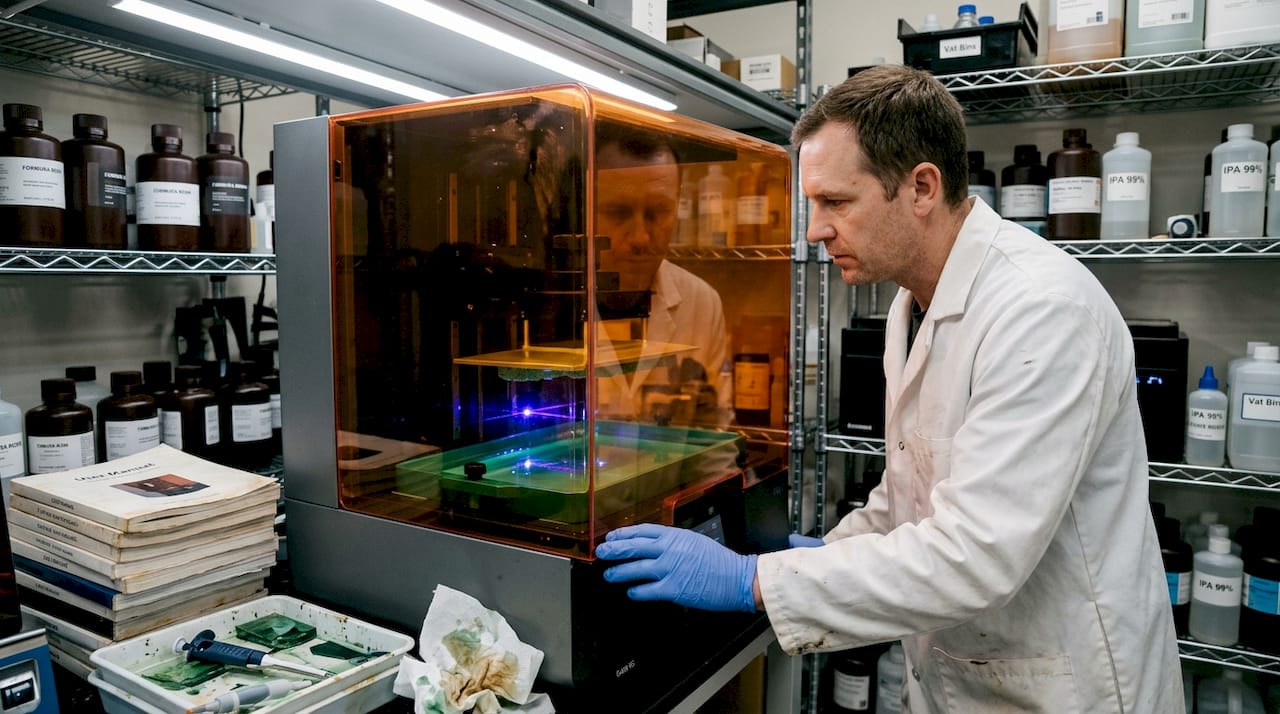 Lab technician monitoring SLA 3D printer