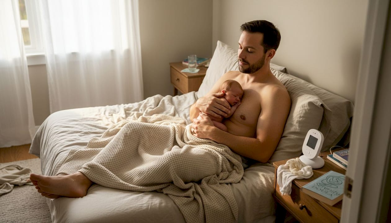 Father bonding skin-to-skin with newborn