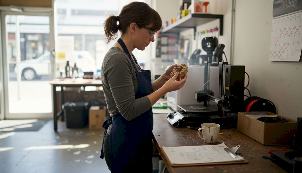 Technician inspects fresh print in local 3D shop