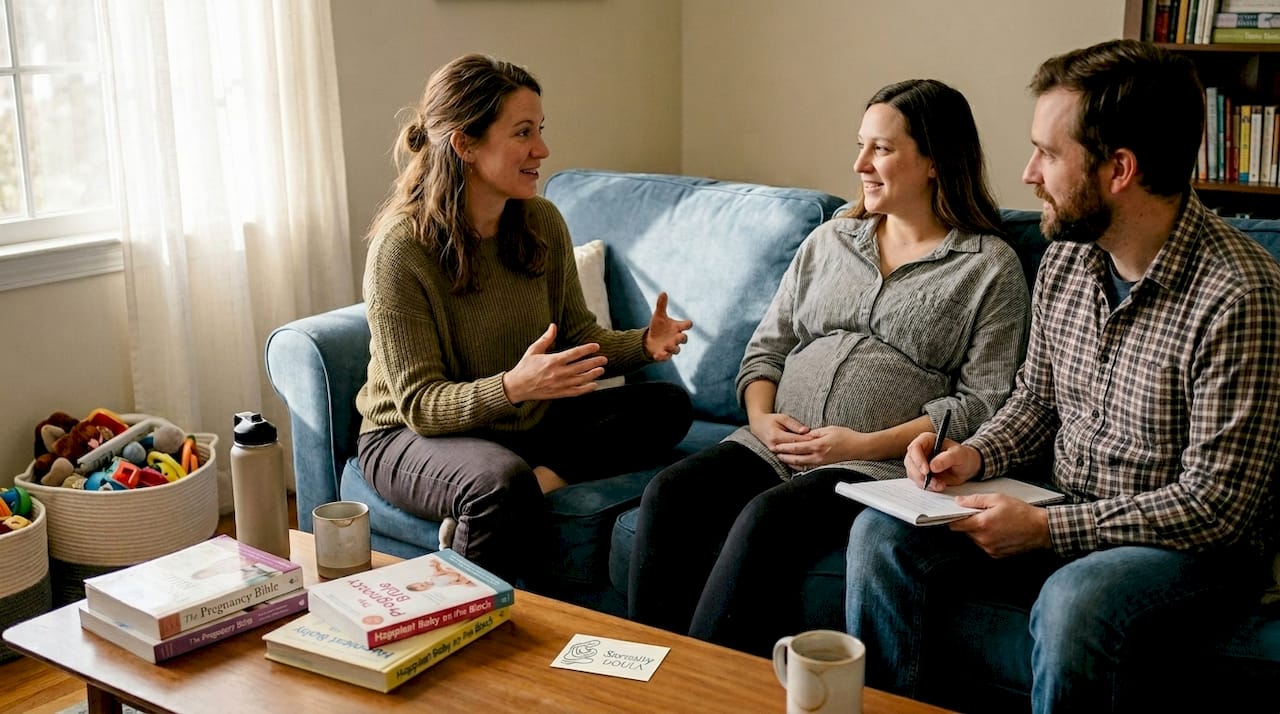 Doula meeting with expectant couple at home