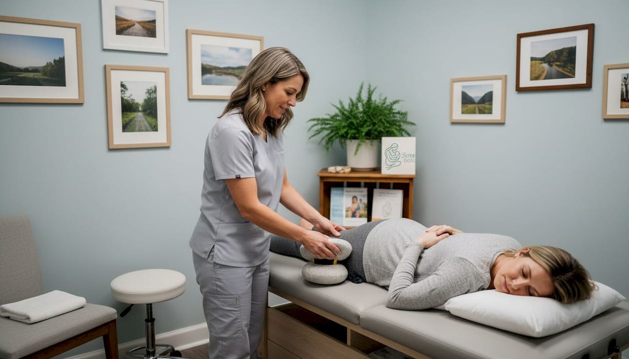 Prenatal chiropractor adjusts pregnant client's pillow