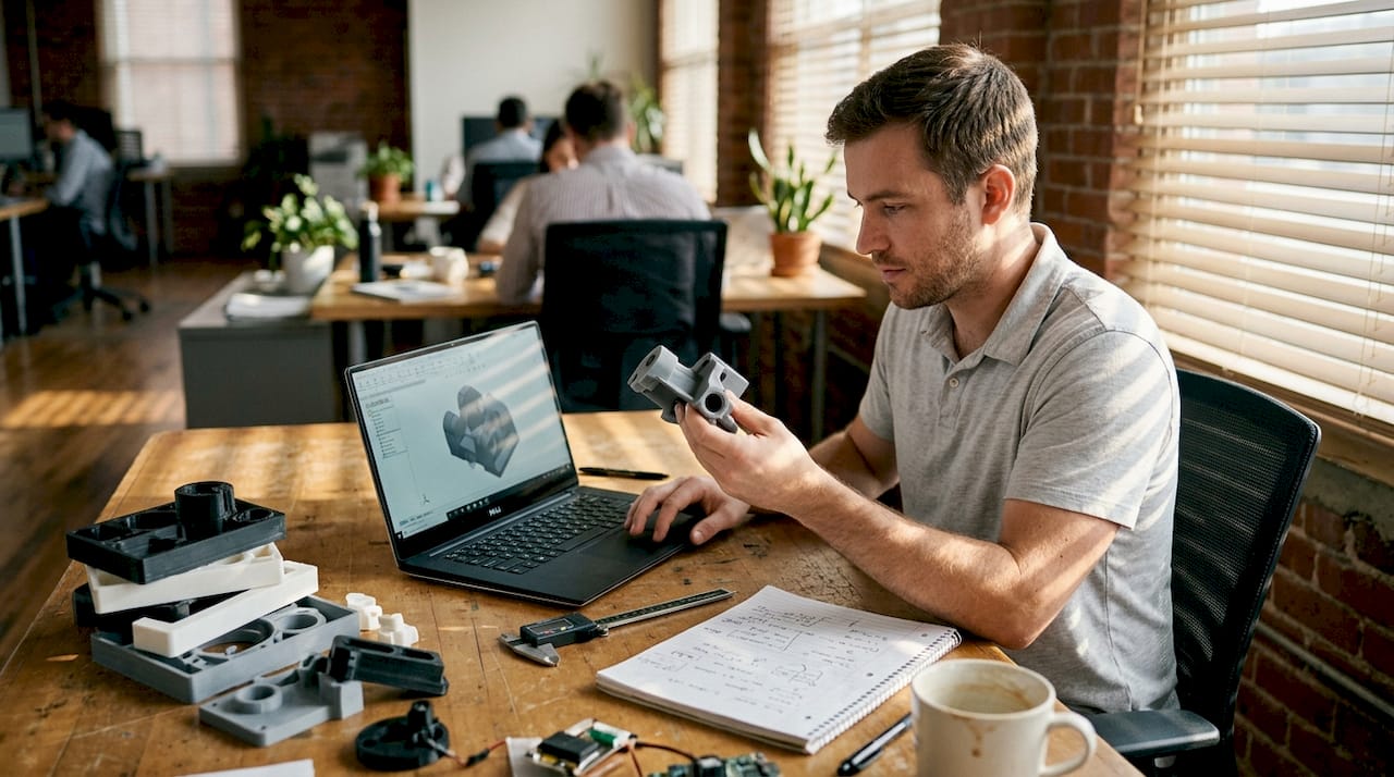 Engineer checks 3D printed part against laptop design