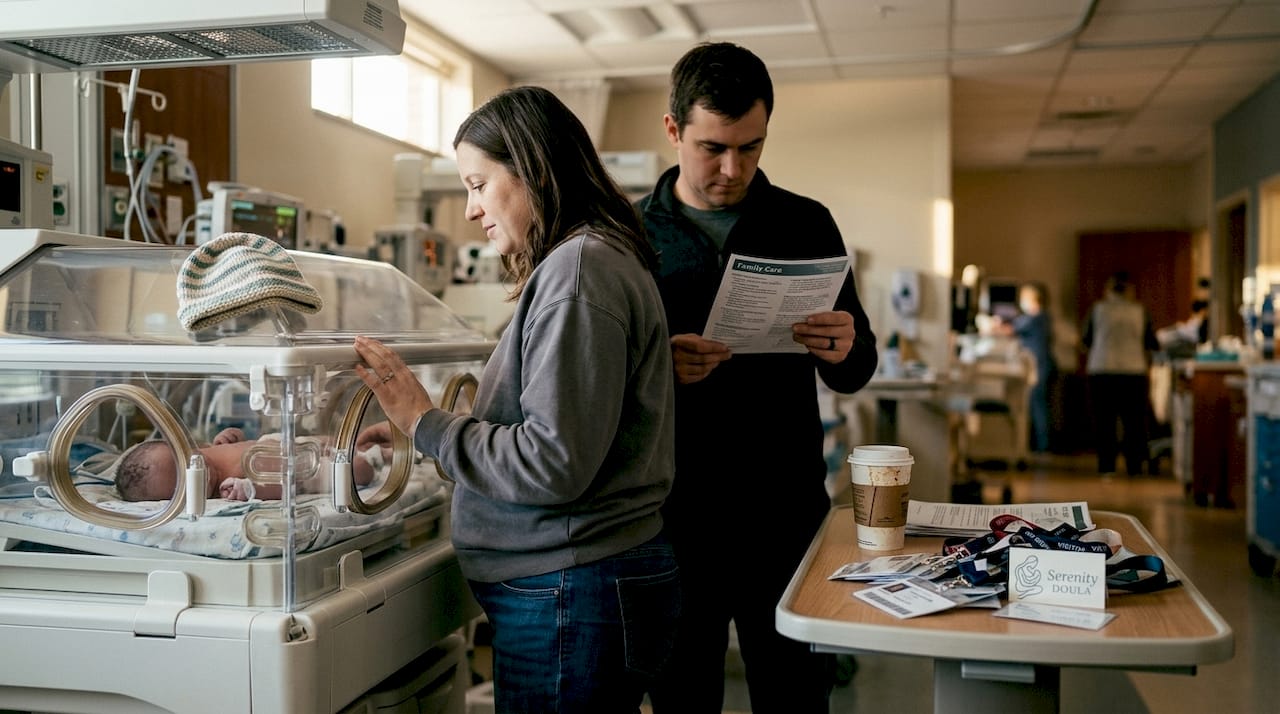 Parents supporting infant in hospital NICU