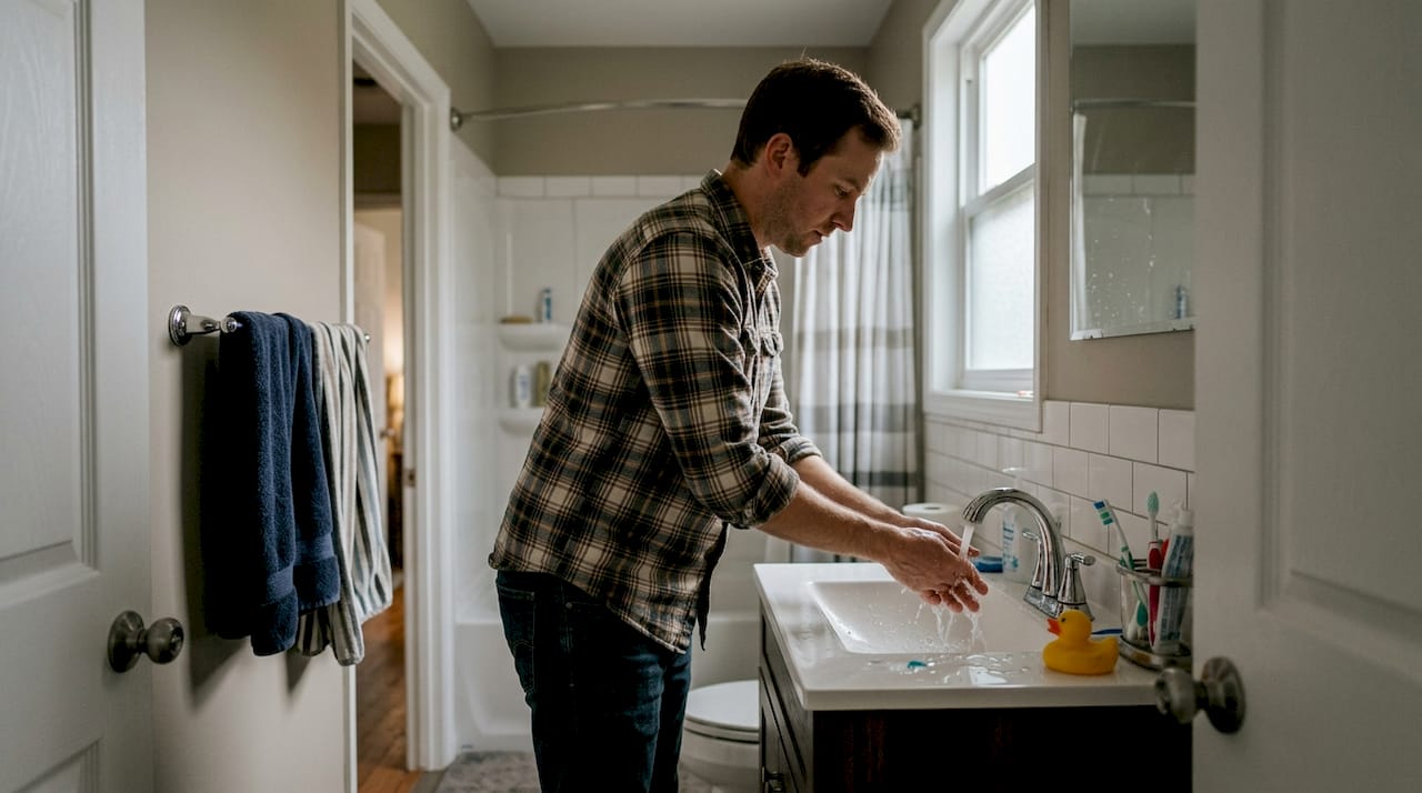 Man using remodeled bathroom during routine