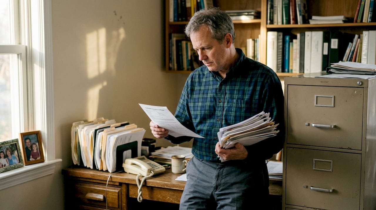 Man verifying contractor credentials in home office