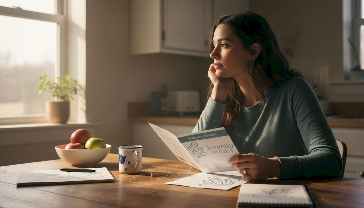 Woman reflecting on pregnancy changes kitchen