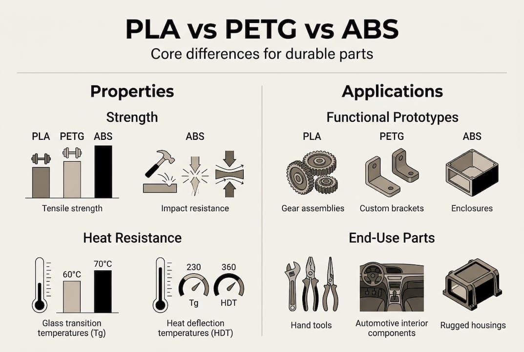 Infographic comparing key PLA PETG ABS features