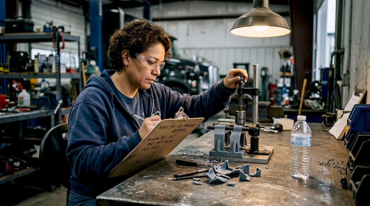 Technician testing 3D printed part strength