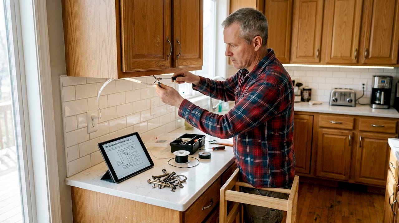Man installing lighting in remodeled kitchen