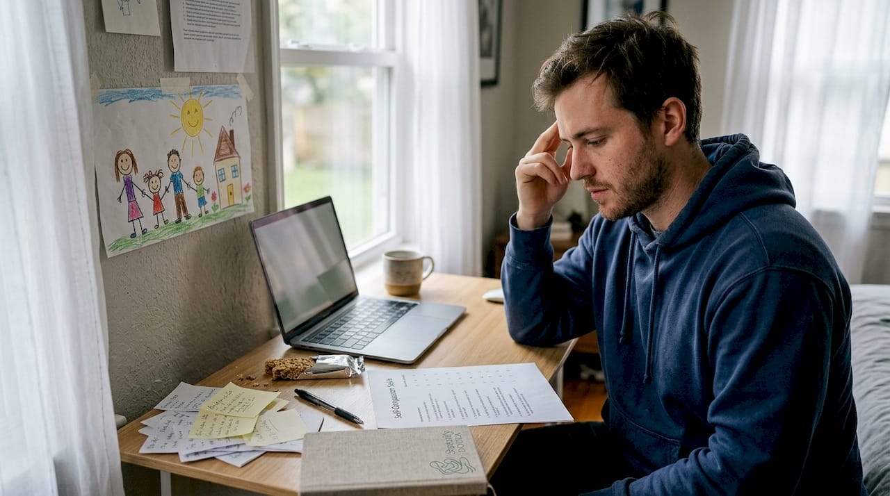 Man reflecting at desk with self-compassion notes