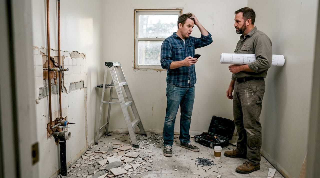 Homeowner and contractor in half-finished bathroom