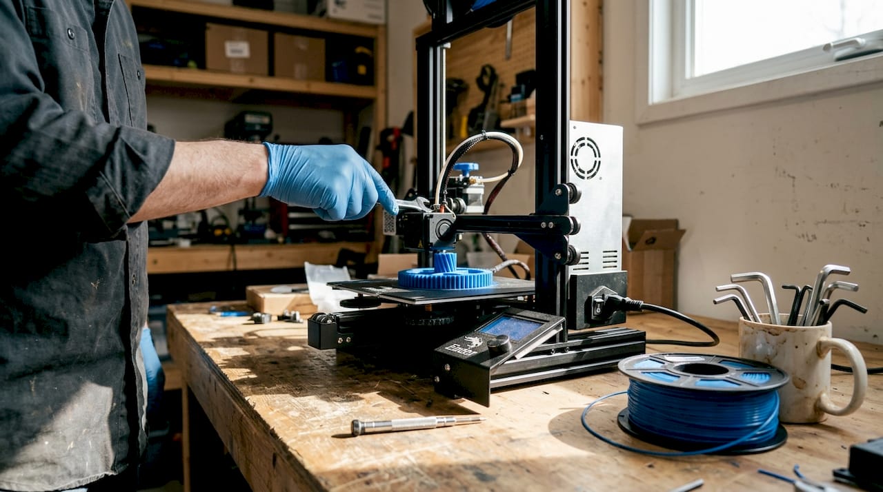 Hand adjusting 3D printer hotend on bench