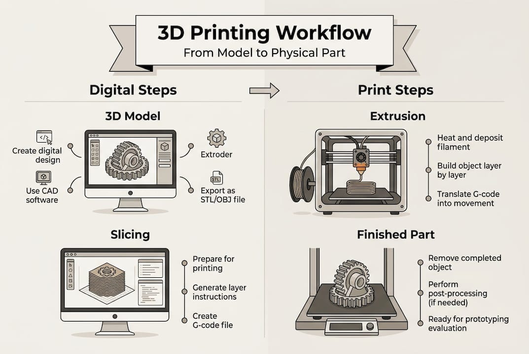 Infographic 3D printing workflow step overview