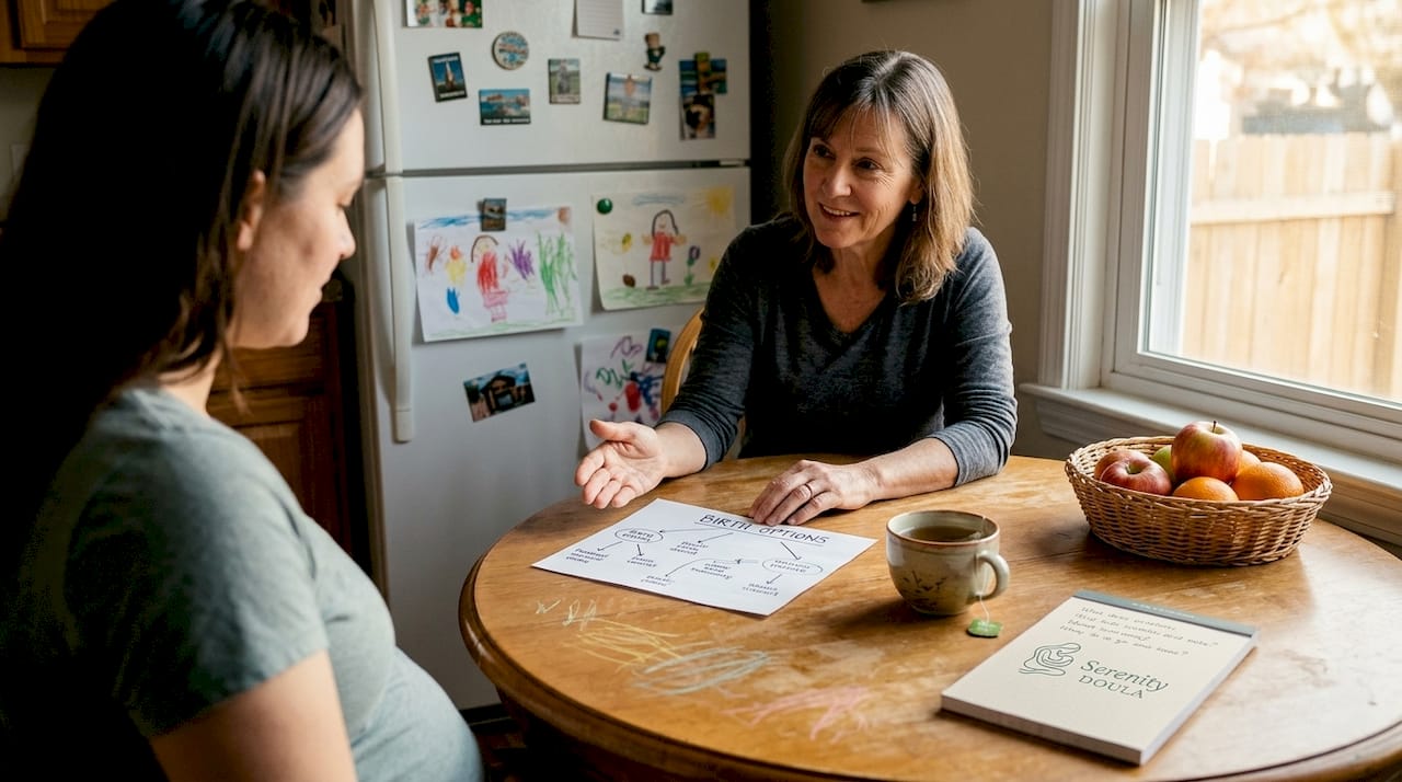 Midwife explains birth choices to couple