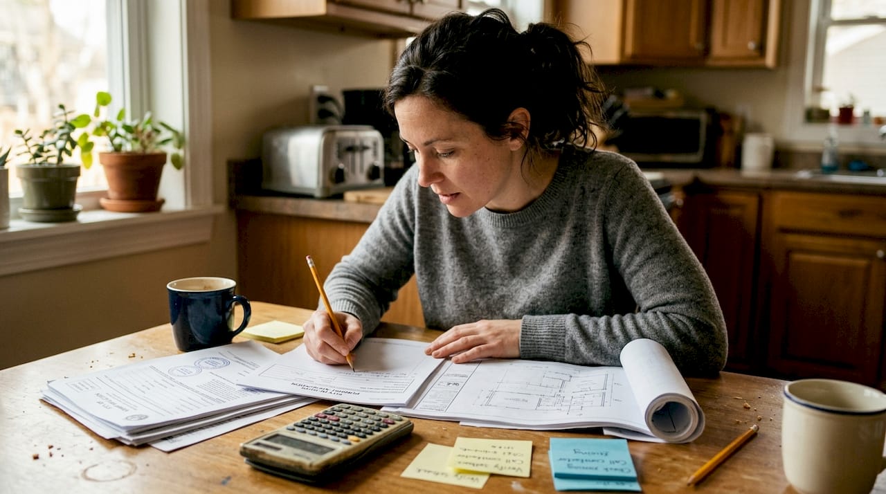 Homeowner reviewing permits and blueprints