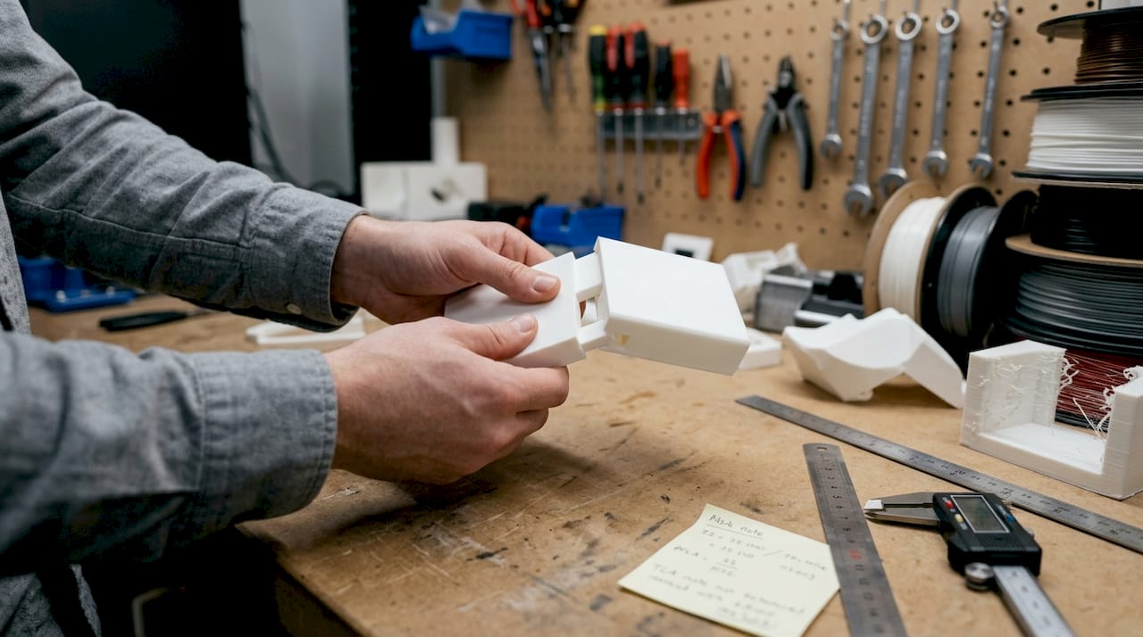 Technician testing 3D printed snap-fit assembly